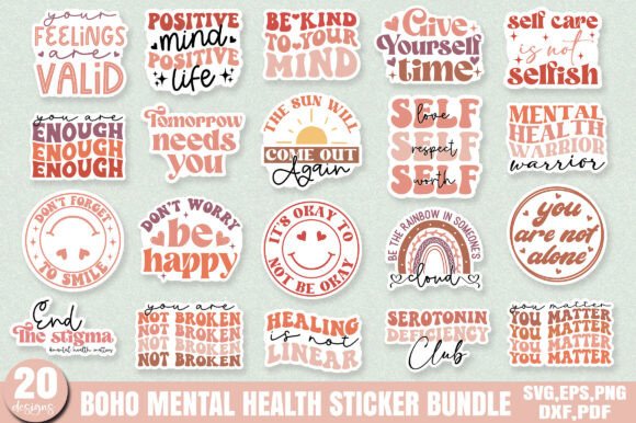 Download Retro Boho Mental Health Sticker Bundle - Mental health sticker bundle Collection