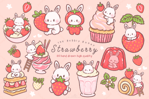 Download Kawaii Bunny Strawberry Dessert Clipart - Bunny Collection